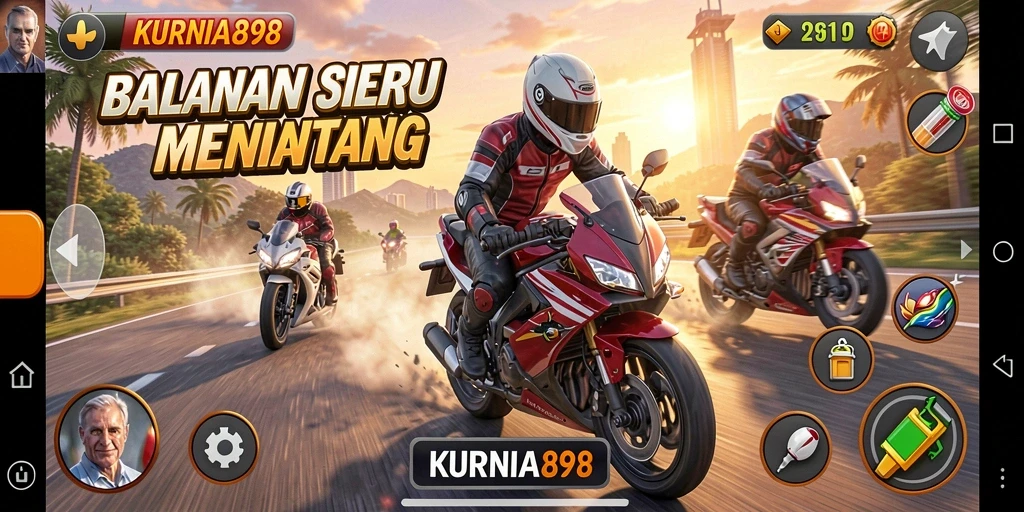 Screenshot menunjukkan aksi balapan seru di KURNIA898 dengan grafik yang memukau.