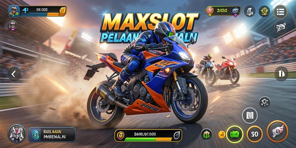 Screenshot utama <strong>MAXSLOT</strong> menampilkan aksi balapan motor yang mendebarkan.