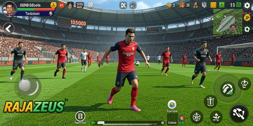 Screenshot gameplay RAJAZEUS menunjukkan aksi sepak bola yang seru.