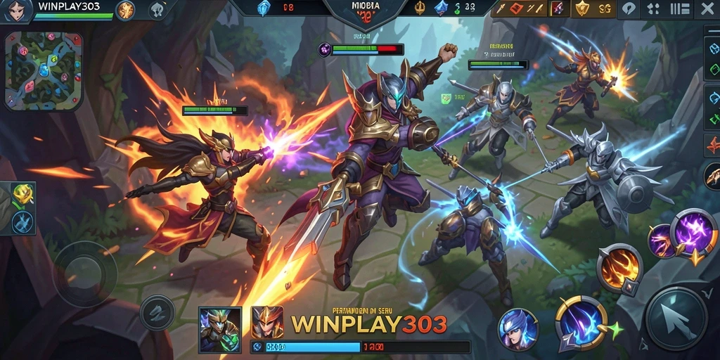 Tangkapan layar gameplay intens dari WINPLAY303 dalam pertempuran MOBA.