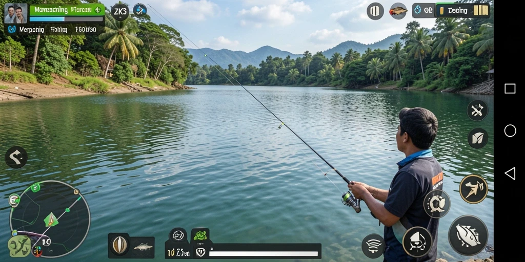 Gameplay ZK3 dengan tampilan aksi memancing yang seru.